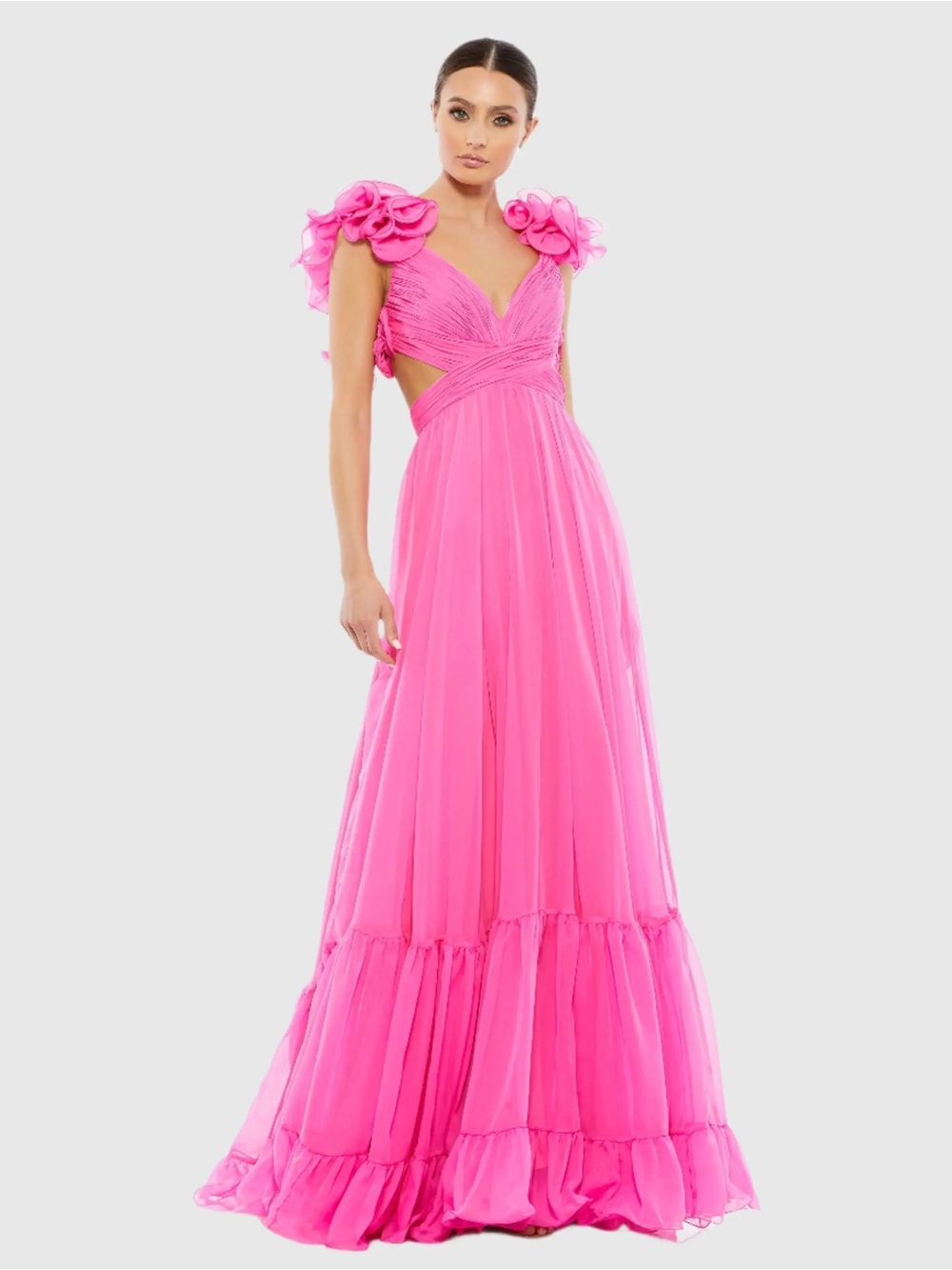 Mac Duggal Hot Pink Ruffled Shoulder Maxi Dress